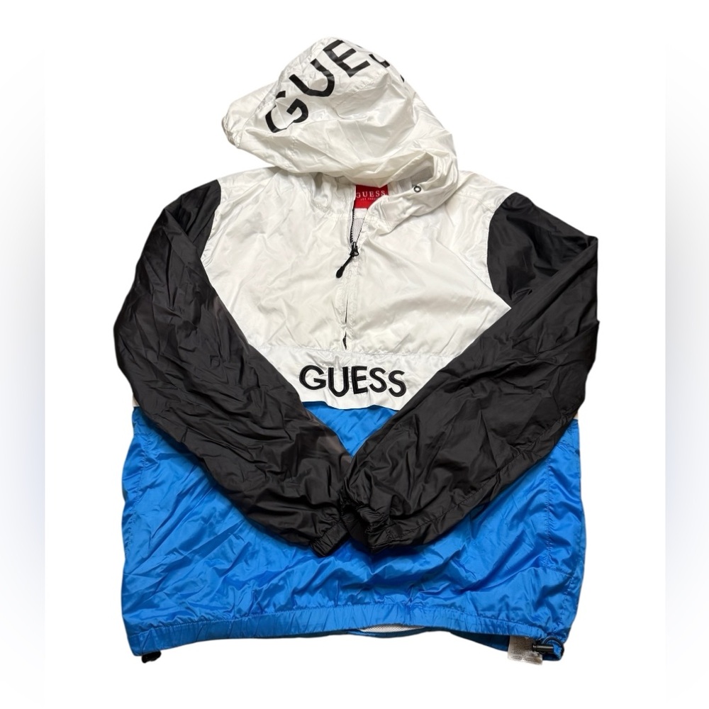 💨 GUESS Colorblock Windbreaker Jacket Men’s Medium Blue White Black 💙‎